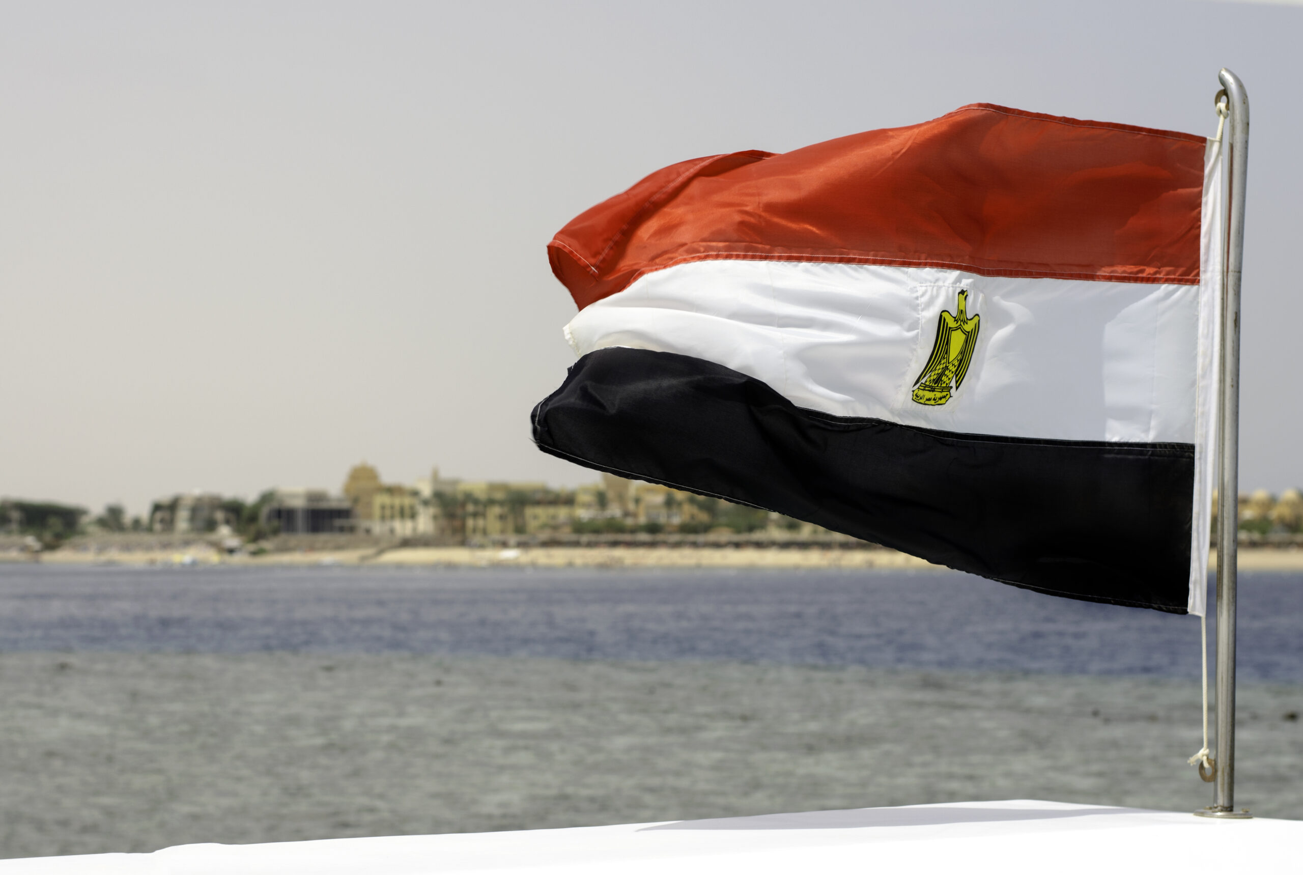 Flag of Egypt on background of sea and shore. Rome